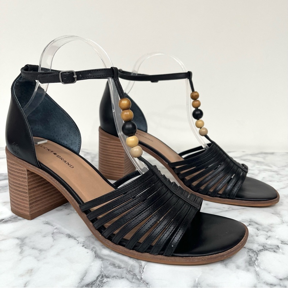 Lucky Brand Women's Sylvesha Beaded T-Strap Sandal Block Heels Black Size 9.5